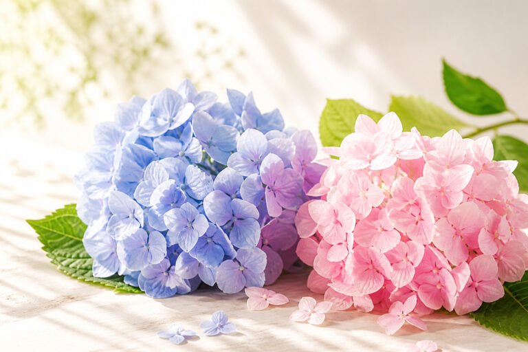 Un hortensia rose et un bleu