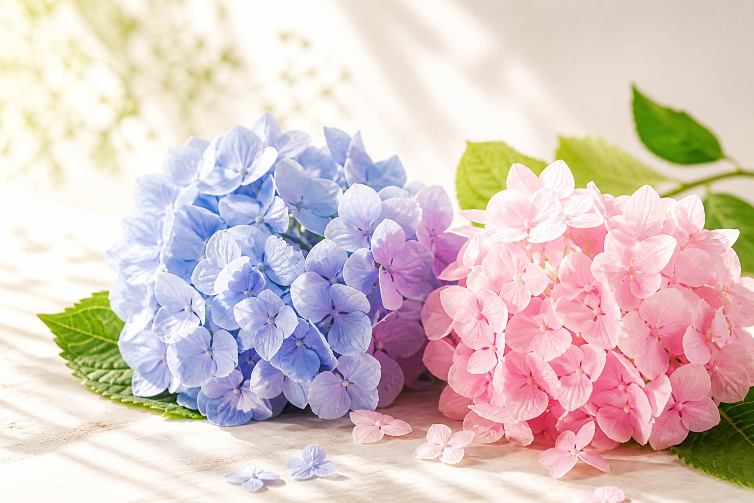 Un hortensia rose et un bleu