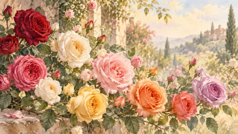 La rose, reine des jardins : rose blanche, rose jaune, rose orange