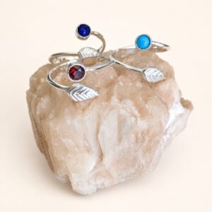 Bague Élia en argent 925, motif feuille et pierre fine turquoise, lapis-lazuli ou grenat