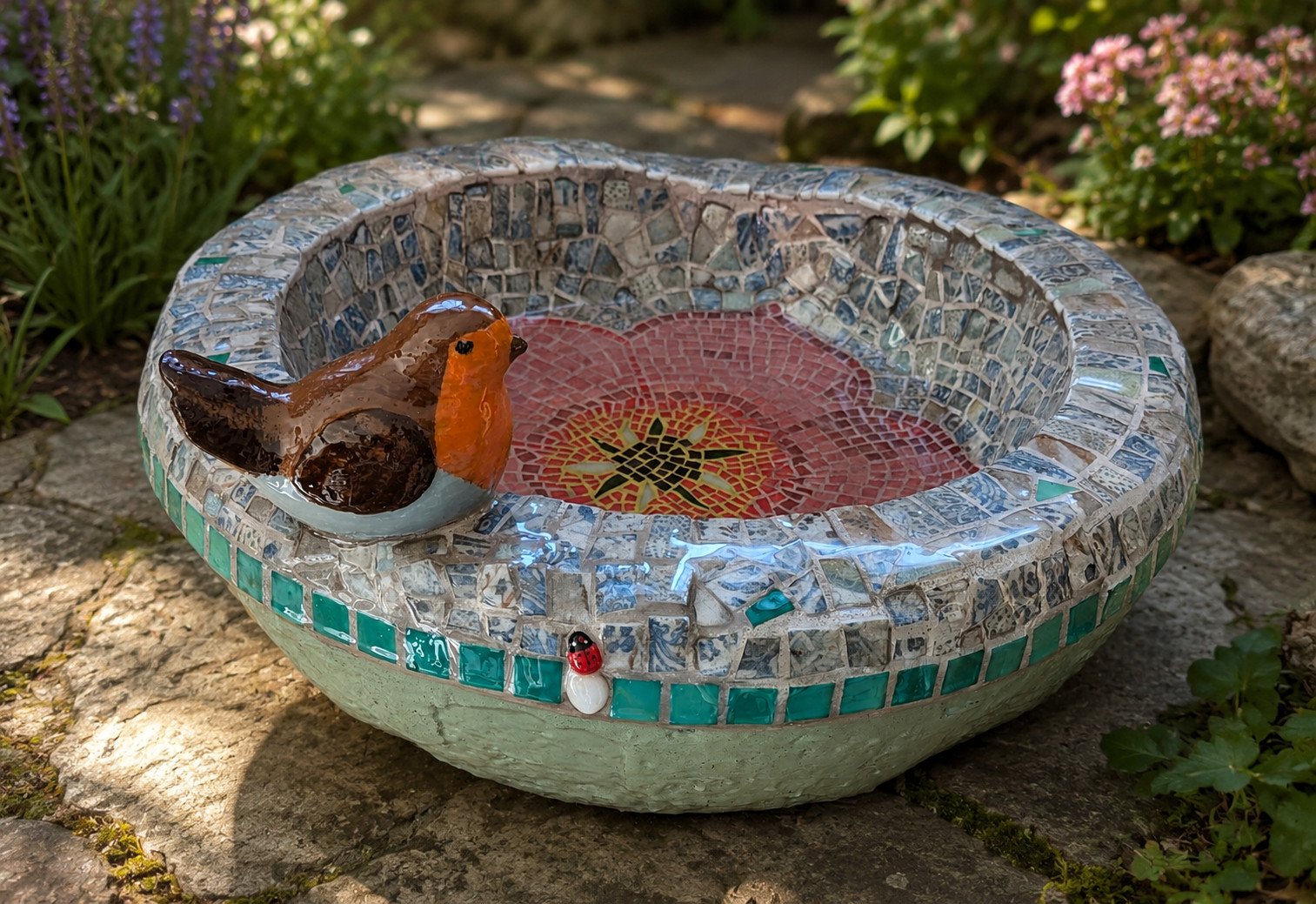 Vasque pour oiseaux en mosaïque transformée