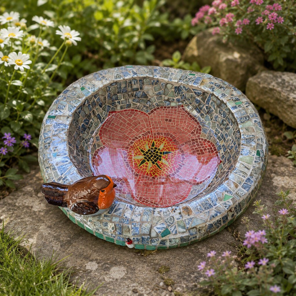 Vasque pour oiseaux en mosaïque
