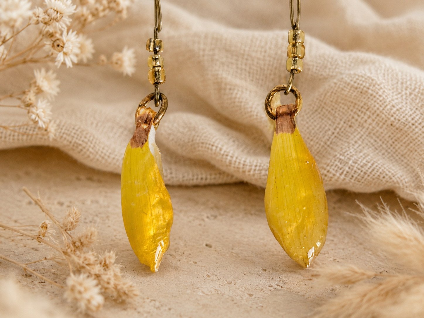 Créations bohèmes-boucles d'oreilles Gazania jaune