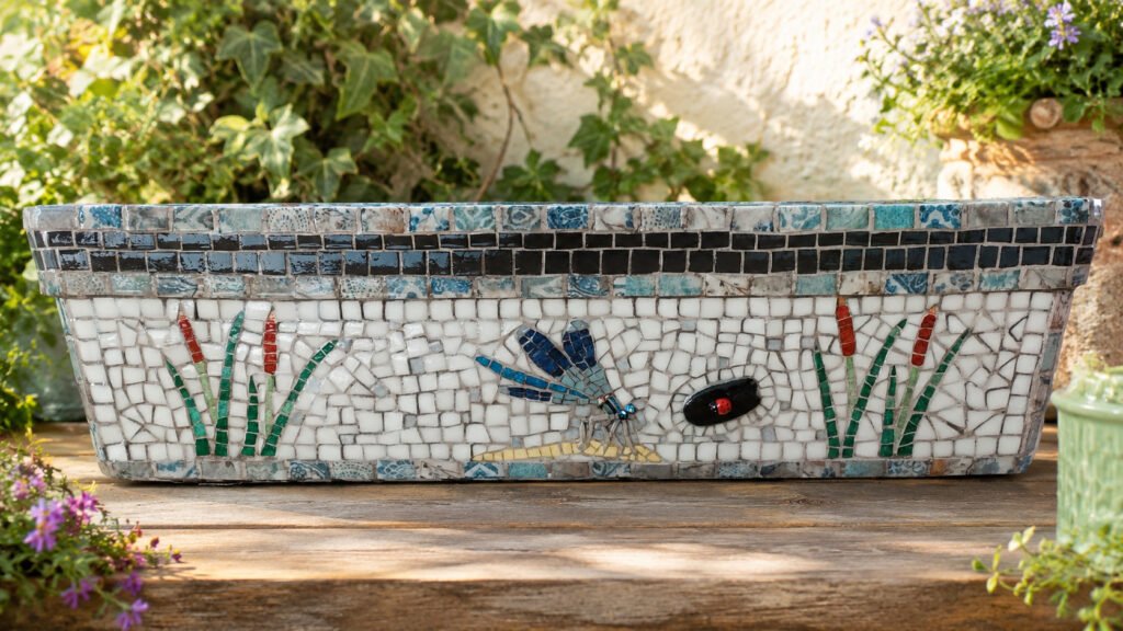 Jardinière en mosaïque, dessin libellule