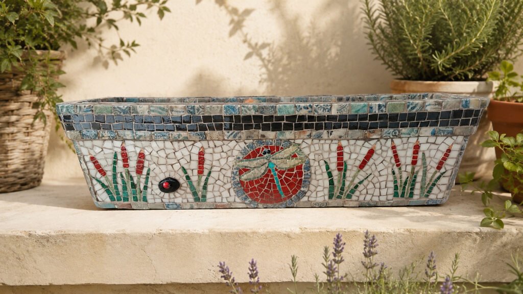 Jardinière en mosaïque avec dessin libellule