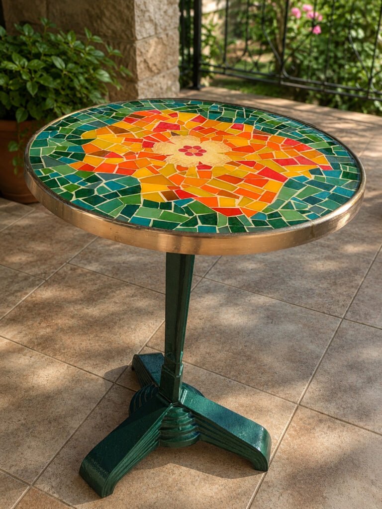 Table bistrot transformée avec plateau en mosaïque